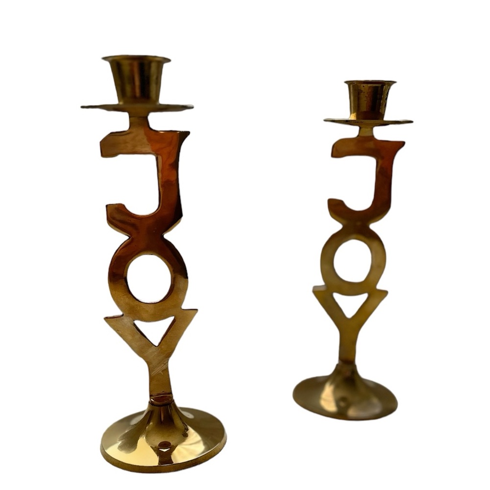 Vintage Holiday Christmas Joy Gold Brass Candlesticks Candle holders
